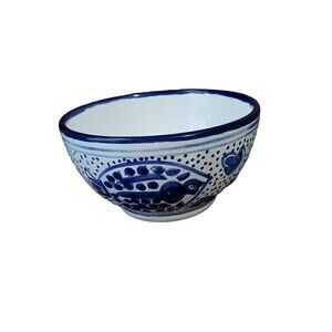 Blue White Bowl Painted Fish Made in Tunisia Mediterranean Soup Rice Cereal